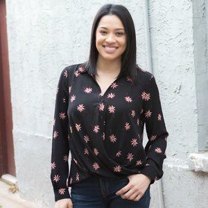 Black Long Sleeve Blouse with Flowers